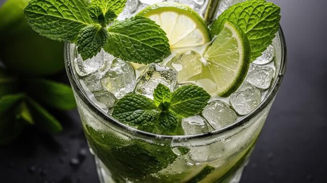 Refreshing beverage with lime slices and mint leaves on ice