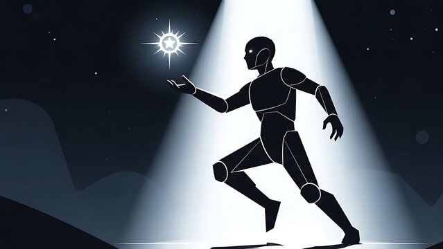 A silhouette of a futuristic robot reaching for a glowing star in a spotlight.