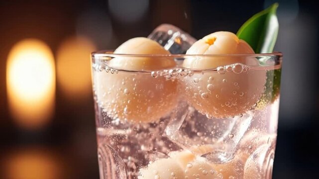 Refreshing lychee cocktail with ice cubes