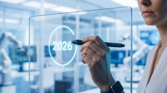 Female engineer using a digital pen to interact with interface displaying the year 2026 in advanced lab or factory with blurred robotic arms in the background