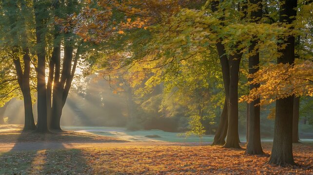 Golden sunbeams through autumn trees in a misty park landscape fall sunrise