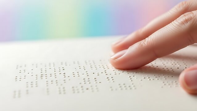 Close-up of a hand gently touching and reading Braille on a white paper page.