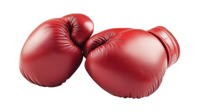 A pair of red boxing gloves resting against each other on a plain black background in a studio shot - Powered by Adobe