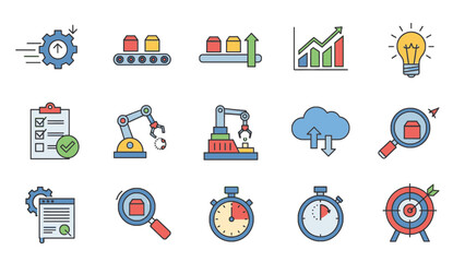 Obraz premium A collection of flat design icons representing various aspects of industrial automation, manufacturing, and business processes.