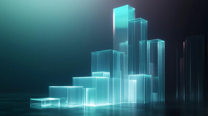 Growing 3D glass bar chart graph showing business financial success and economic growth