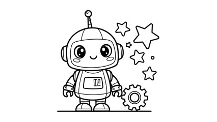 Obraz premium Cute cartoon robot standing next to a gear and stars, presented as a line art drawing for coloring.