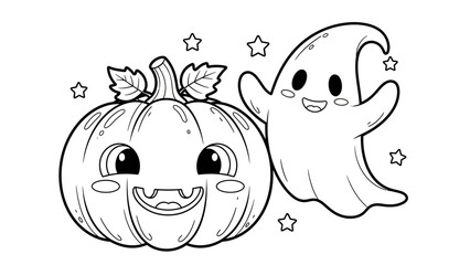 Obraz premium A cute cartoon illustration of a smiling pumpkin and a friendly ghost surrounded by stars, designed as a coloring page.