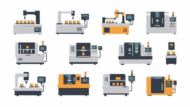 A collection of various automated industrial machines for factory production lines, shown as vector illustrations.