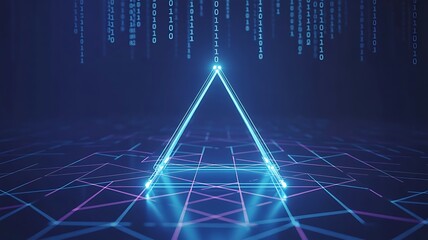 Glowing blue triangular prism on a digital grid with falling binary code abstract