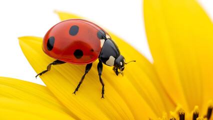 Macro photo of a red ladybug with black spots walking on a bright yellow sunflower petal