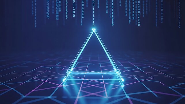Glowing blue triangular prism on a digital grid with falling binary code abstract