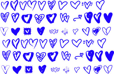 Fototapeta premium A playful collection of hand-drawn blue heart doodles in various shapes and styles on a clean white background, perfect for decorations, stickers, branding, and digital design. 