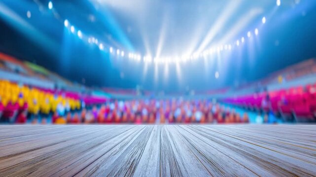 Spotlight on Stage: A vibrant indoor arena, alive with the anticipation of a performance, features an expansive stage and blurred background of seating.