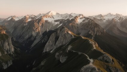 Majestic Mountain Range Bathed in Golden Hour Light.