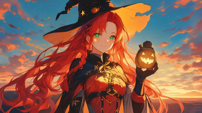 Anime style illustration of cute red haired witch holding glowing pumpkin at sunset - Powered by Adobe