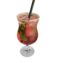 Strawberry Mint Cocktail In Curved Glass With Straw Isolated On White