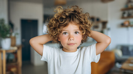 curly haired boy in cozy modern home interior wearing white tshirt looking at camera capturing cute kid moment and family lifestyle