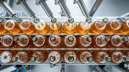 Automated beverage bottling line in a modern factory, with rows of glass bottles being filled with golden liquid from above on a conveyor belt