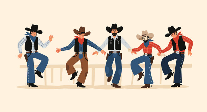 Five cheerful cowboys in traditional Western attire, featuring hats, vests, and boots, are line dancing or square dancing.