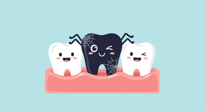 A fun cartoon illustration showing a spooky black spiderweb tooth with happy white teeth on either side, representing dental health and decay comparison.