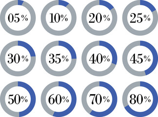 Infographic Circle with Percentage Icon set. Round diagrams icons for infographics from 0 to 100 percent collection.Design for dashboards, UI, reports, and analytics visuals. Vector illustration.