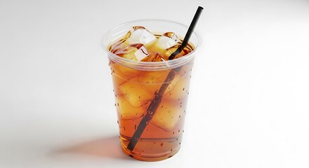 Refreshing iced tea drink in a clear plastic cup with ice and a straw, a perfect cold beverage for warm days