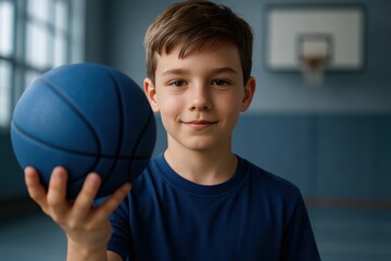 Young Basketball Player: A young, focused individual stands confidently, holding a blue basketball, poised for the next shot. Capturing a moment of pure athleticism and determination.