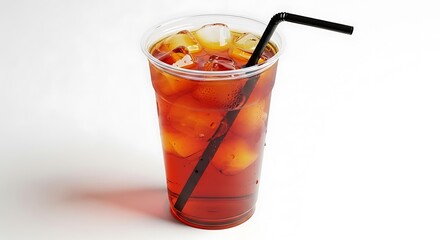 Refreshing Iced Drink in a Clear Plastic Cup with a Straw, Ready for a Cool Break