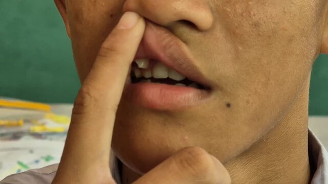 Asian boy teeth grow out of place in the upper gums.