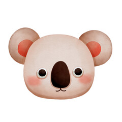 A Cute Watercolor Animal Face Clipart, Cute illustrated koala face with large eyes and rosy cheeks.