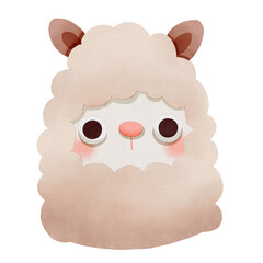 A Cute Watercolor Animal Face Clipart, Fluffy cartoon llama with large eyes and a cute expression.
