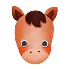 A Cute Watercolor Animal Face Clipart, Cartoon horse head with large eyes and stylized features.