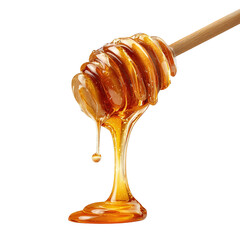 Honey isolated on white or transparent background. Jar with honey and honey dipper with drop of honey