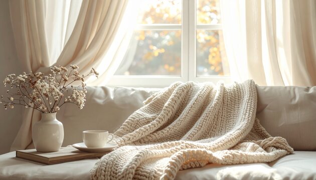 Knit blanket draped on sofa by winter window