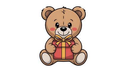 Naklejka premium Adorable cartoon teddy bear holding a gift with ribbon, perfect for birthday wishes and cute greetings, capturing the joy of giving and celebration