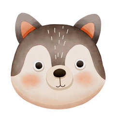 A Cute Watercolor Animal Face  Clipart, Cute cartoon illustration of a wolf's face with soft features and vibrant colors.