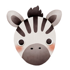 A Cute Watercolor Animal Face Clipart, Zebra illustration featuring large eyes and a playful expression.