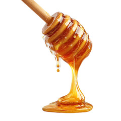 Honey isolated on white or transparent background. Jar with honey and honey dipper with drop of honey