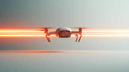 Futuristic white drone flying fast with glowing orange speed light trails background