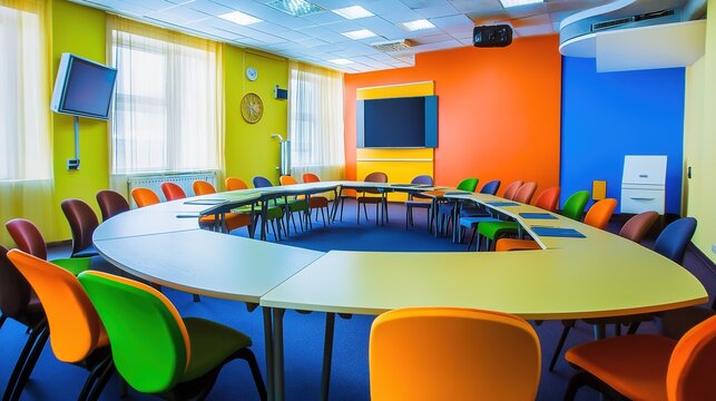 Contemporary Conference Room with Vibrant Design and Creative Business Atmosphere, an Ideal Seminar Venue for Professional Meeting
