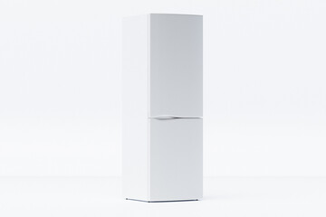 A high-quality 3D illustration of a modern, double-door, two-chamber white refrigerator set against a light background. 