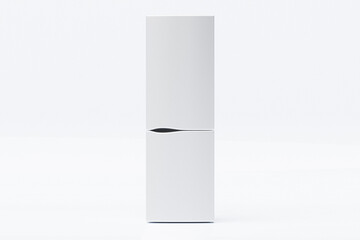 A high-quality 3D illustration of a modern, double-door, two-chamber white refrigerator set against a light background. 