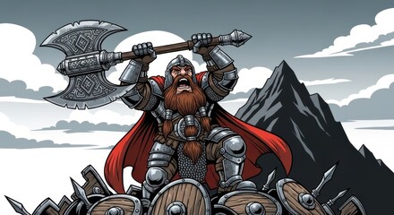 Fototapeta premium Fierce warrior figure clad in metal armor raises a massive double-bladed axe above a pile of shields