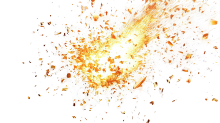 A dynamic explosion of golden shards and bright light against a stark black background creating a visual impact