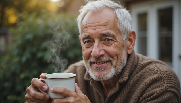 Elderly man sipping coffee outdoors