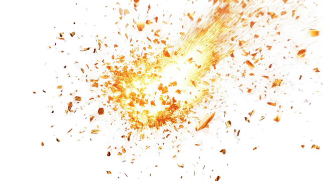 A dynamic explosion of golden shards and bright light against a stark black background creating a visual impact
