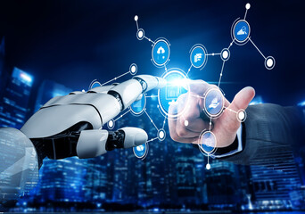 Fototapeta premium A captivating scene illustrates the interaction between a human hand and a robotic hand, symbolizing the fusion of technology and innovation in a vibrant cityscape. Tessel