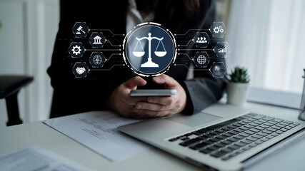 Futuristic digital law interface displaying justice scale, highlighting digital law, AI compliance,...