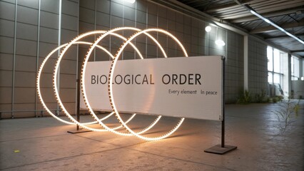 Illuminated sign featuring the concept of biological order with artistic rings of light in a modern industrial space