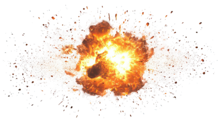 A bright explosion with orange and white colors in the center on a black background with scattered pixels